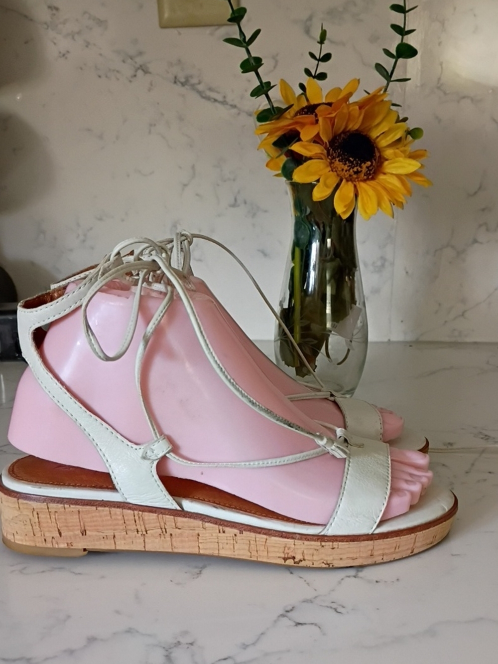 Frye Women’s White Leather Lace-Up Cork Wedge Sandals